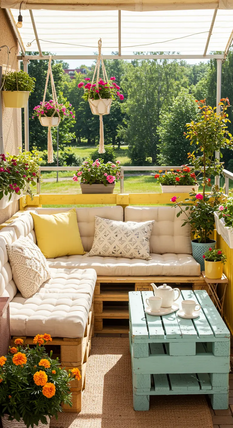 Balcon lumineux avec canapé d'angle et table basse en palettes jaunes, coussins clairs, suspensions en macramé.