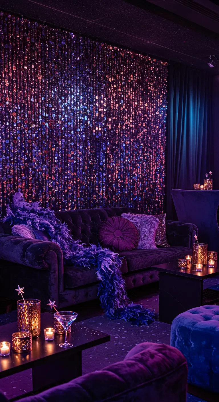 Salon de luxe avec mur de paillettes, éclairage violet/bleu, canapé et bougies.