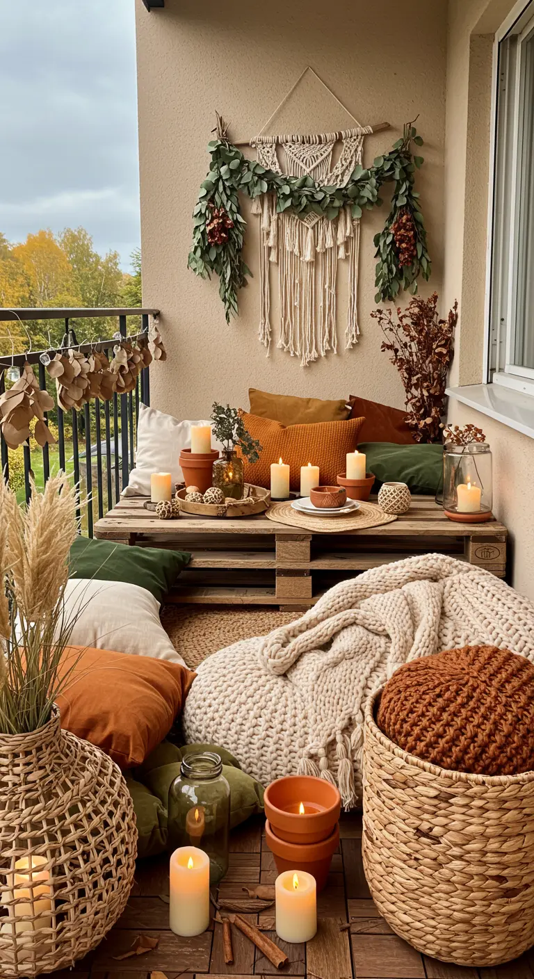 Balcon transformé en salon lounge avec des palettes, des coussins moelleux, des plaids et des bougies.