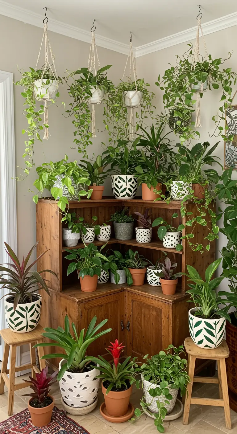 Salon de jardin rustique en forêt, mobilier en bois brut et coussins moelleux.