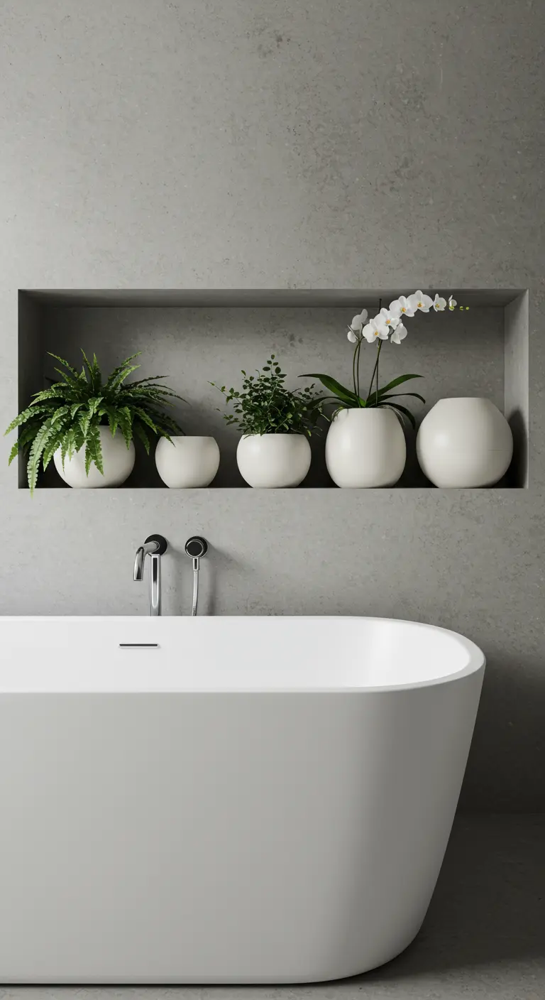 Plantes vertes et orchidée dans des pots blancs arrondis, intégrés dans une niche de salle de bain.