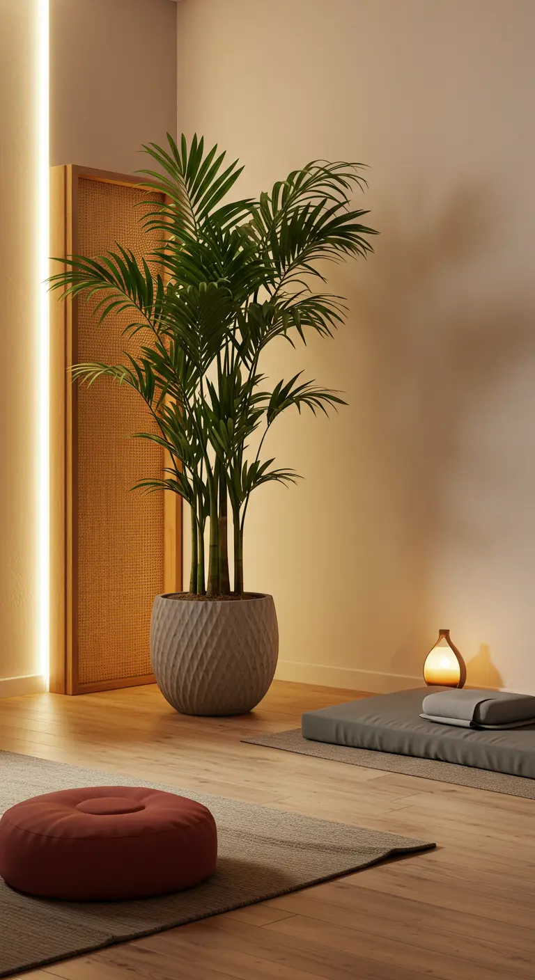 Palmier Areca dans un pot gris texturé dans un espace méditation.