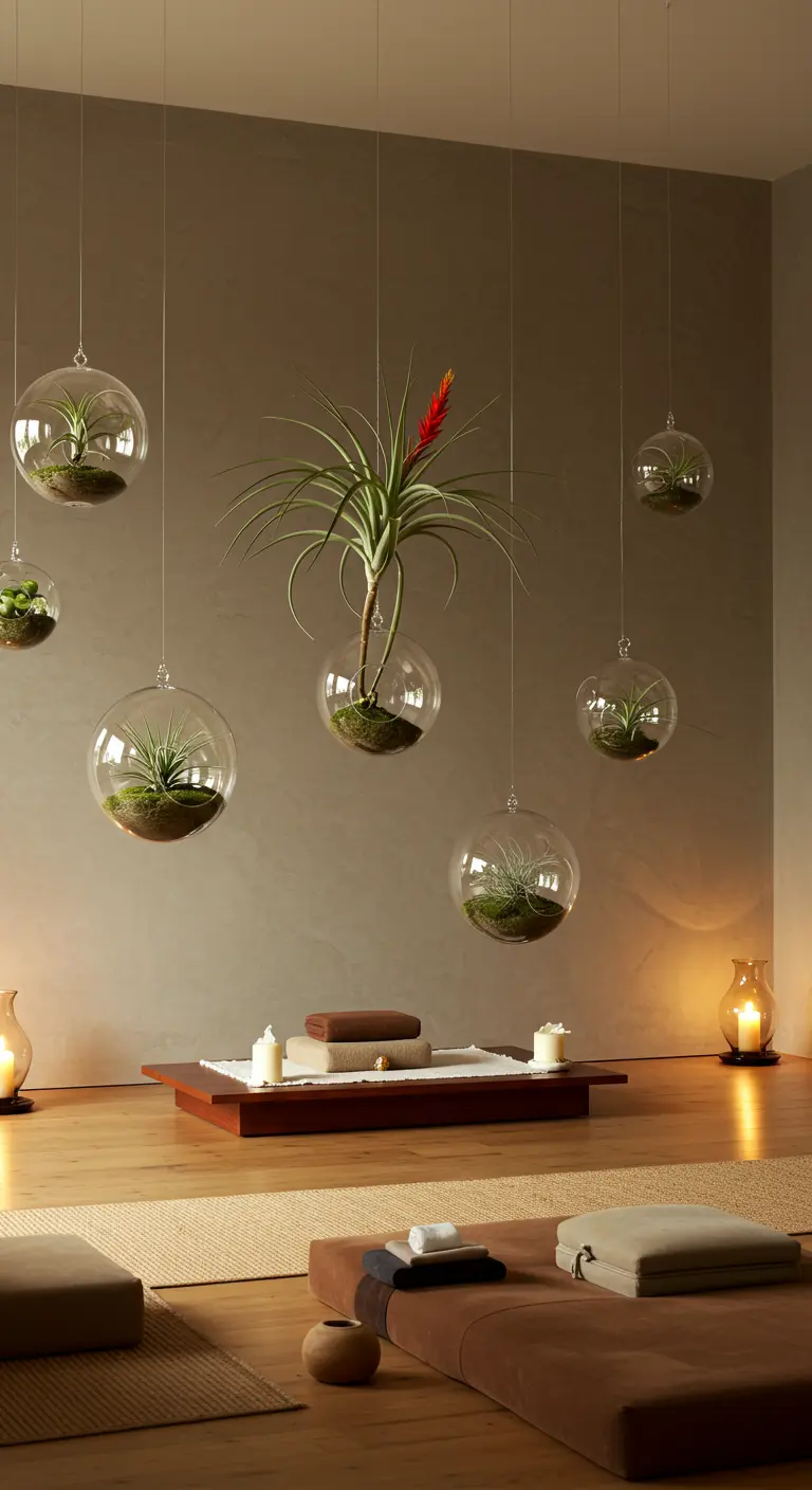 Plantes aériennes dans des globes de verre suspendus à différentes hauteurs dans un espace méditatif.