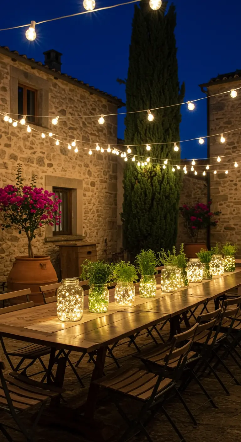 Longue table en bois dressée pour un dîner extérieur, illuminée par des guirlandes et des bocaux lumineux remplis d'herbes aromatiques.