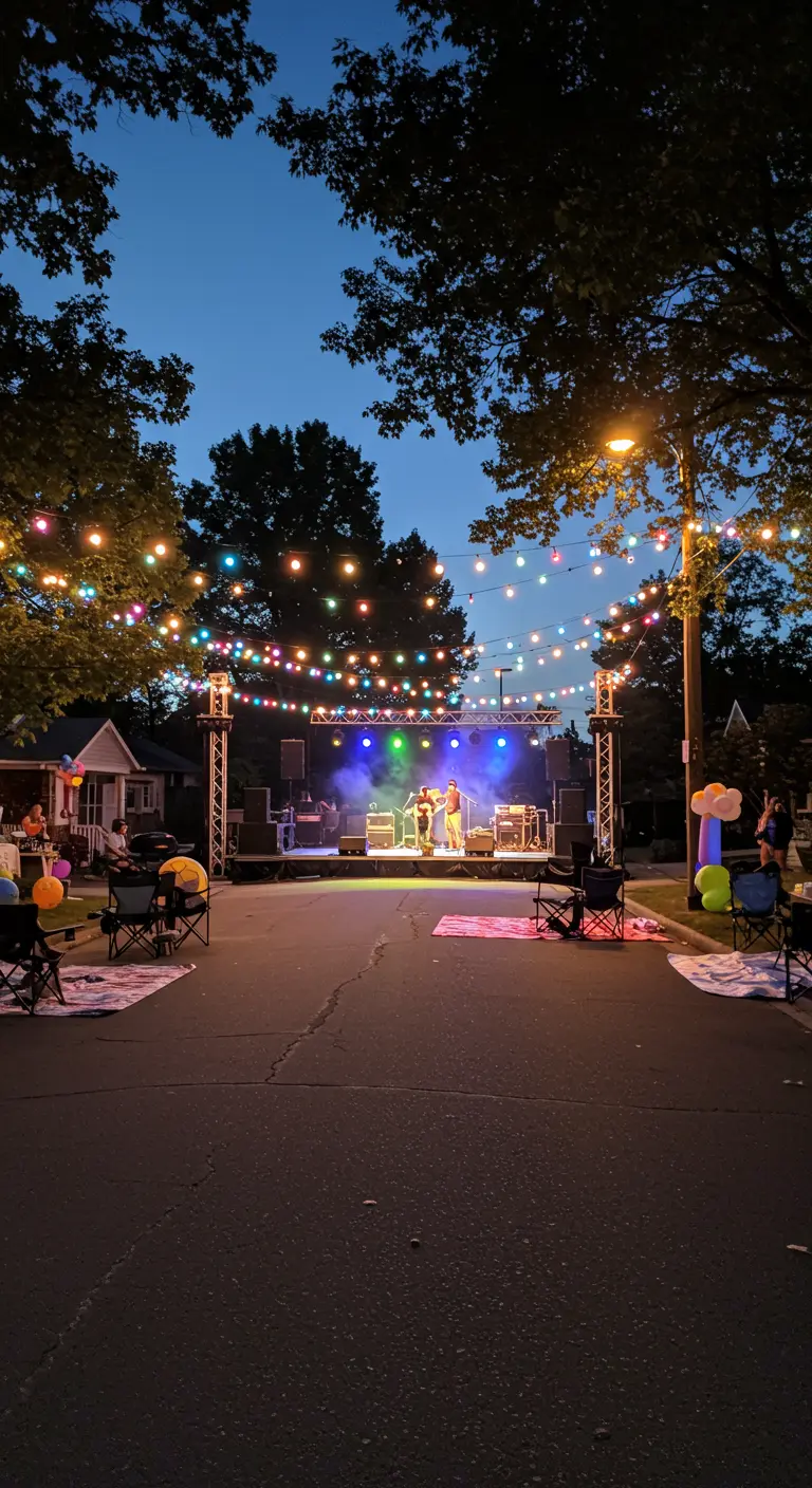 Concert en plein air avec une scène illuminée et des guirlandes de lumières multicolores suspendues au-dessus des spectateurs assis.