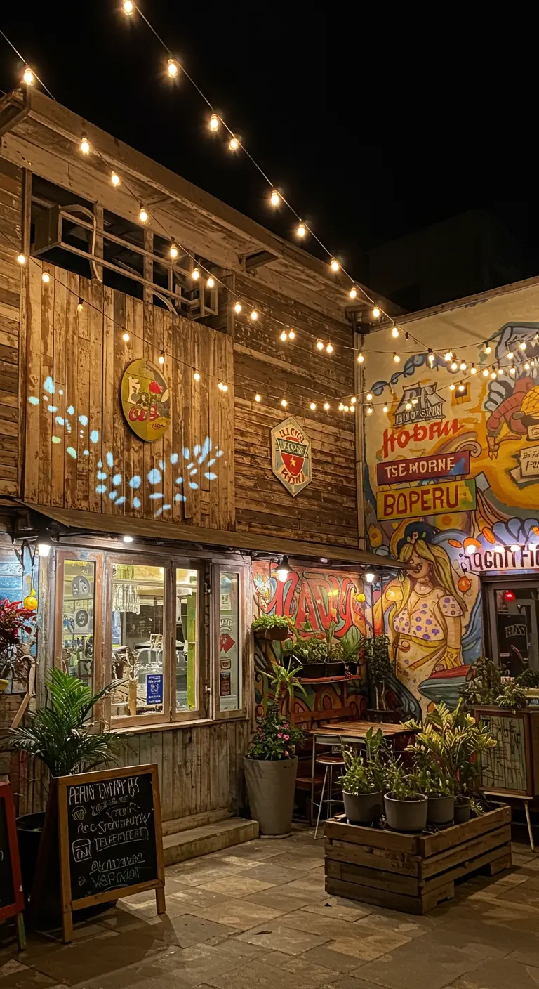Rue animée avec graffitis, bardage bois, guirlandes lumineuses et spots festifs.