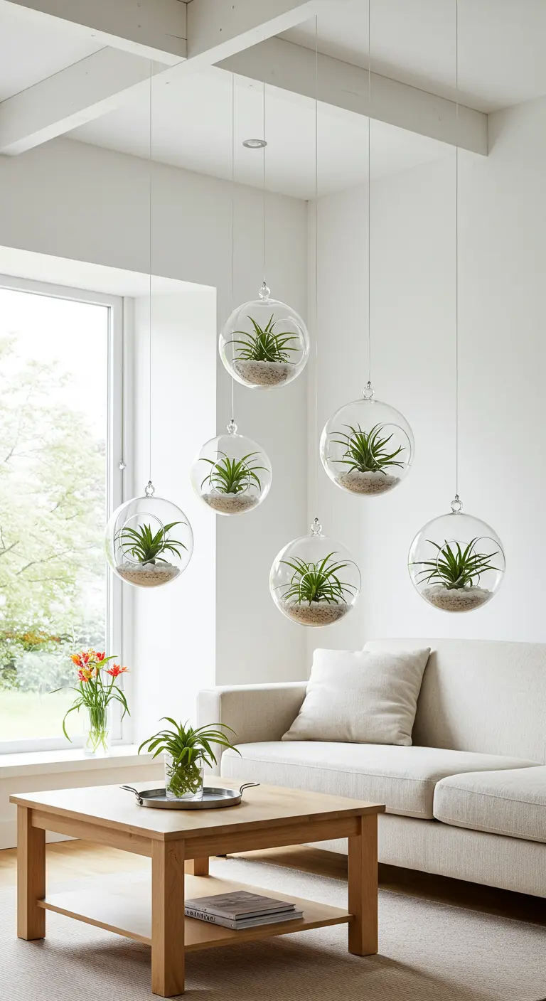 Sept terrariums sphériques en verre avec Tillandsias et sable blanc suspendus dans un salon lumineux.