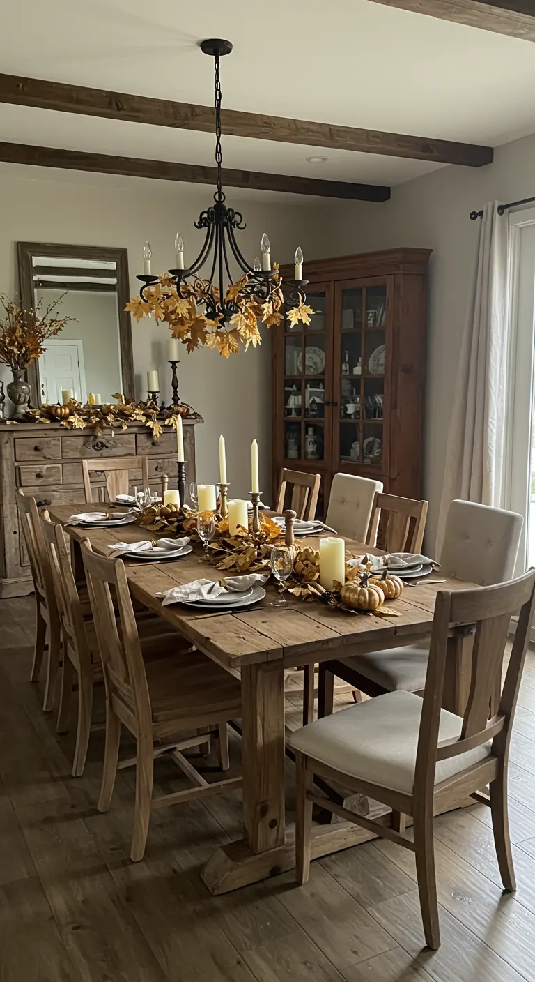 Grande table en bois rustique décorée pour l'automne avec bougies, citrouilles et feuilles.