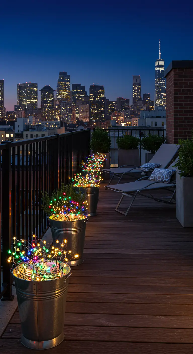 Balcon urbain éclairé par des seaux métalliques contenant des plantes et des guirlandes LED solaires multicolores.