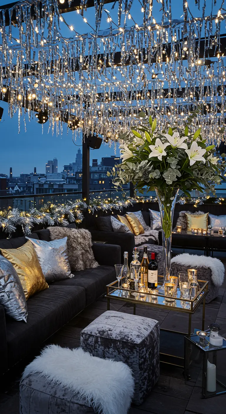 Rooftop glamour pour le réveillon avec guirlandes lumineuses scintillantes, coussins argentés et blancs, lys.