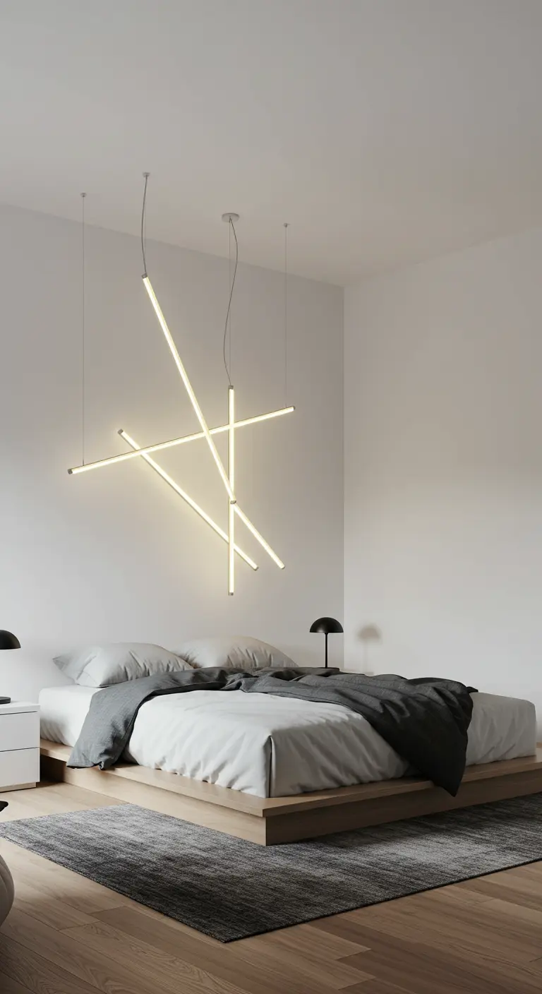 Suspension design moderne composée de tubes LED lumineux croisés au-dessus du lit.