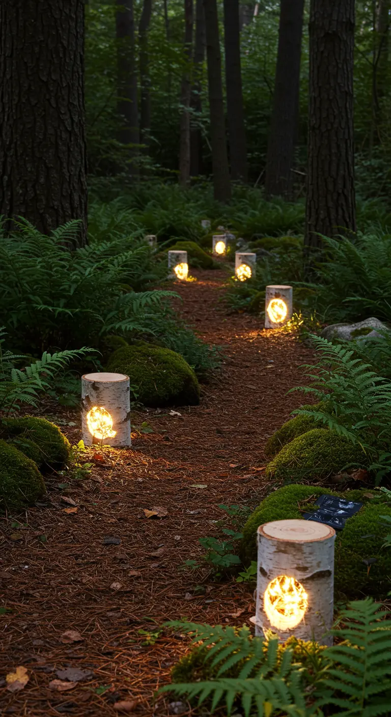 Sentier forestier éclairé par des troncs de bouleau ajourés avec des lumières LED solaires, entourés de fougères.