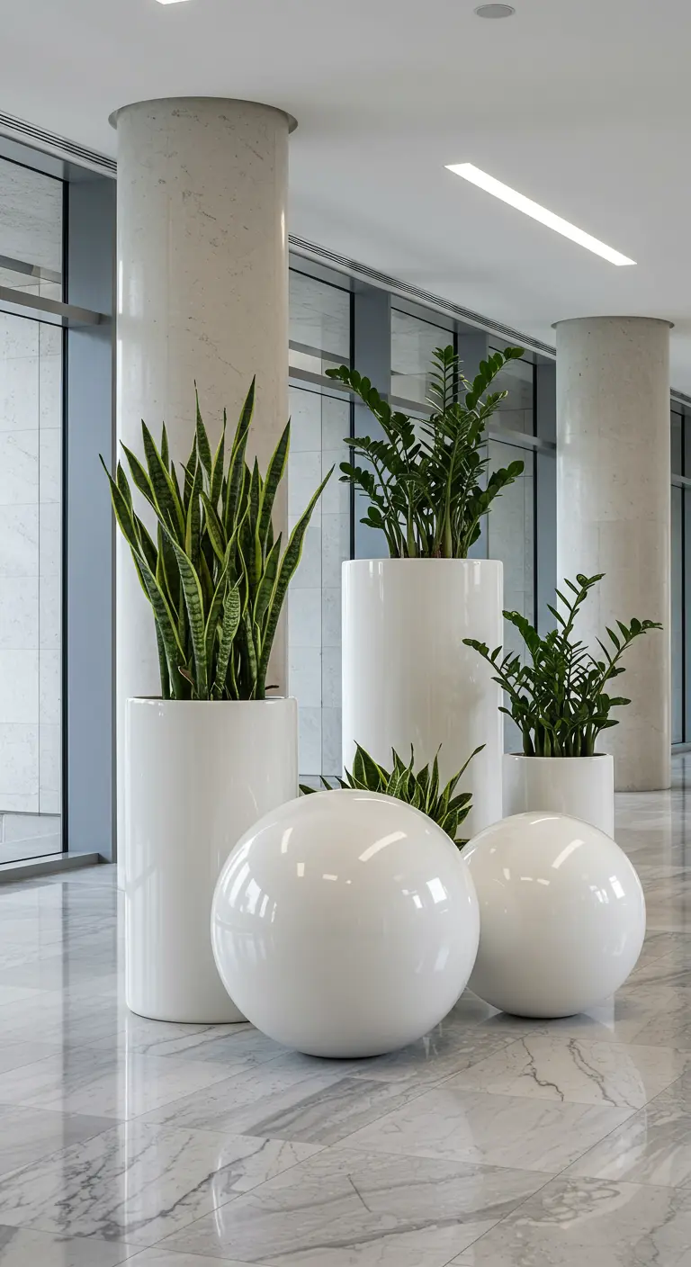 Sansevieria et plantes vertes dans des pots cylindriques et sphères blanches laquées dans un hall.