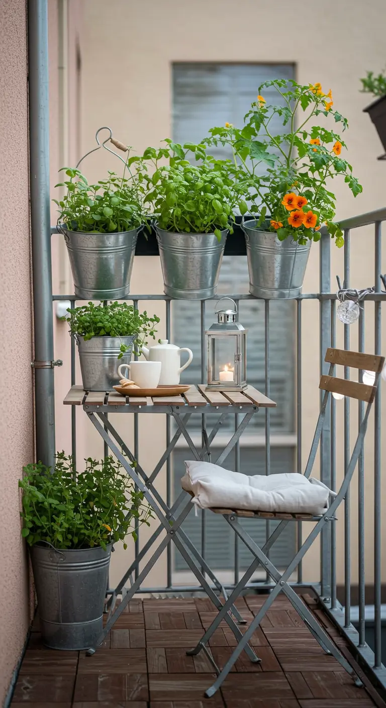 Balcon avec seaux en métal suspendus à la balustrade, contenant herbes et fleurs