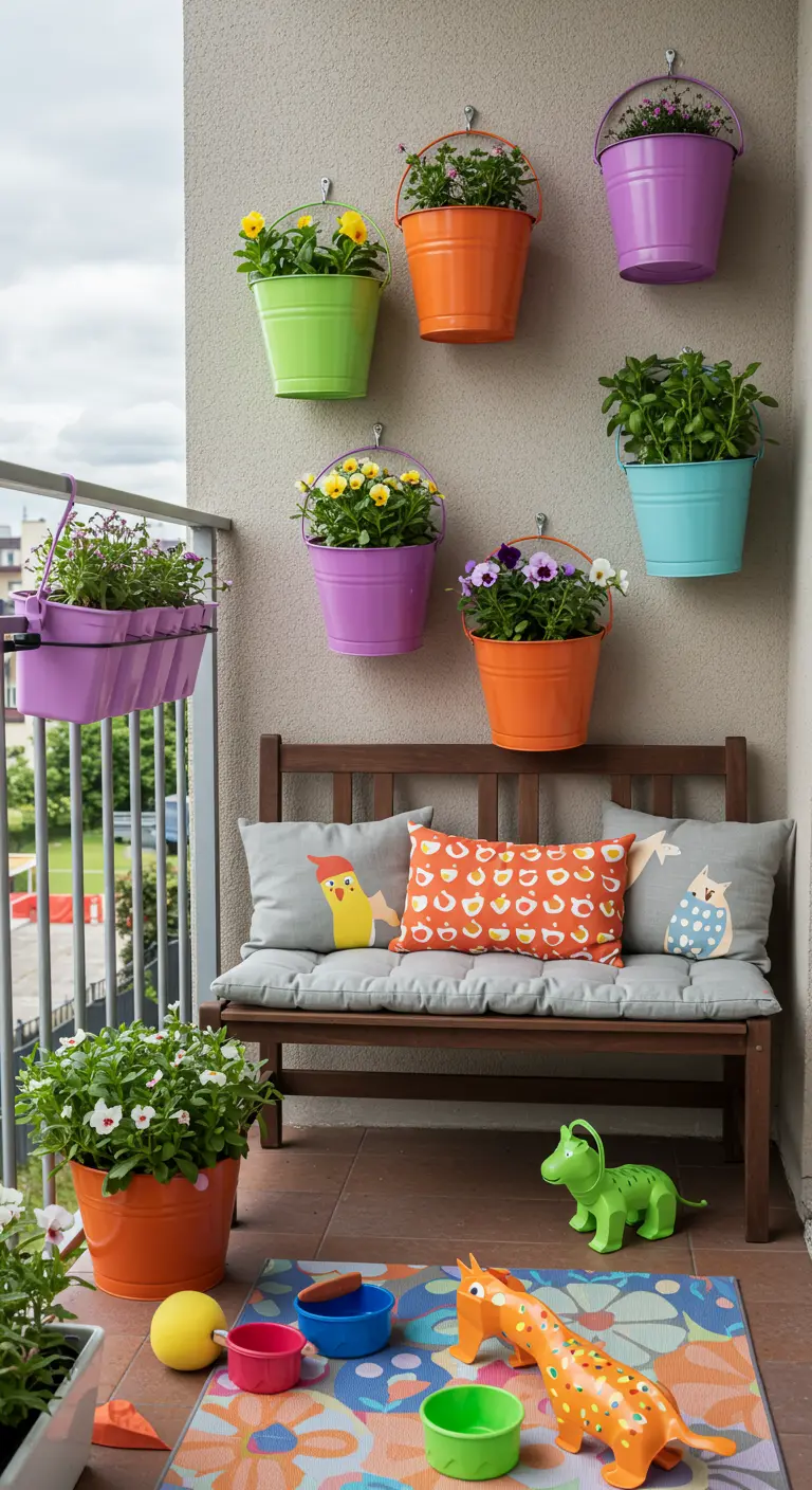 Balcon coloré avec des seaux multicolores suspendus au mur et des jouets pour enfants