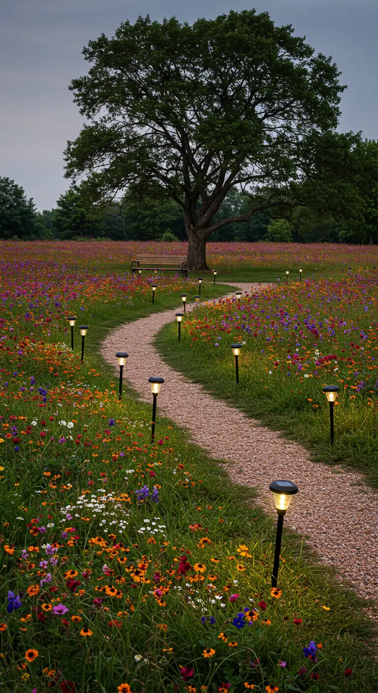 Chemin sinueux à travers un champ de fleurs sauvages éclairé par des piquets solaires.