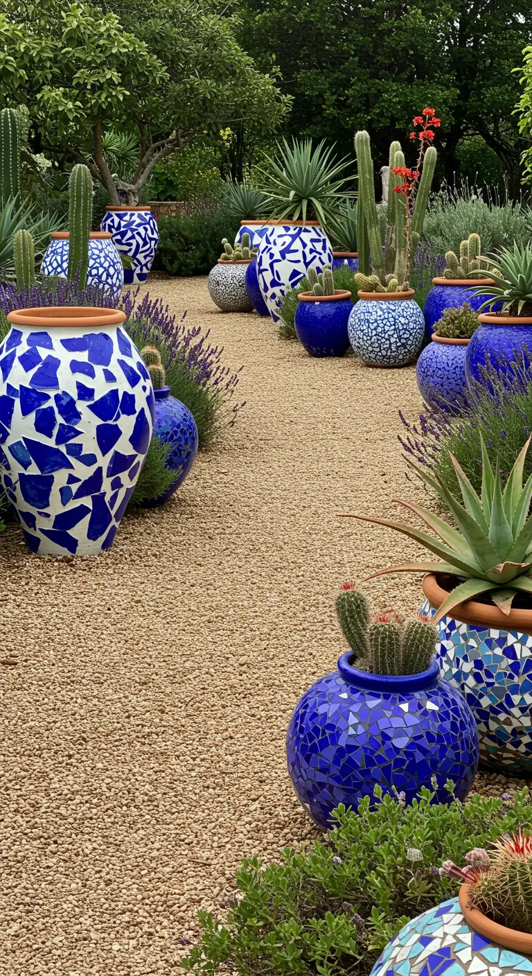 Chemin de gravier parsemé de grands pots bleus et mosaïques avec des cactus et de la lavande.