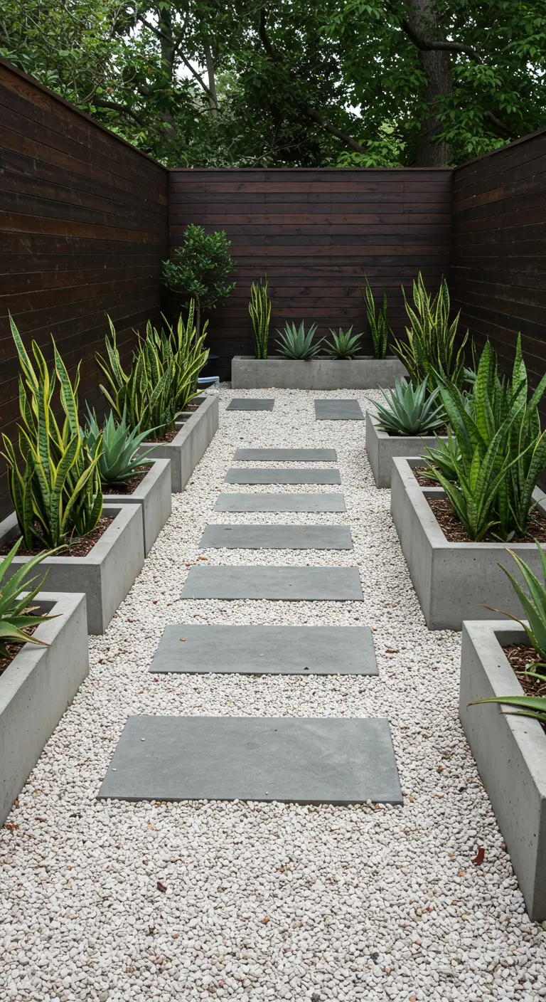 Allée de jardin avec dalles en béton, jardinières de Sansevieria et Agave, et gravier blanc.