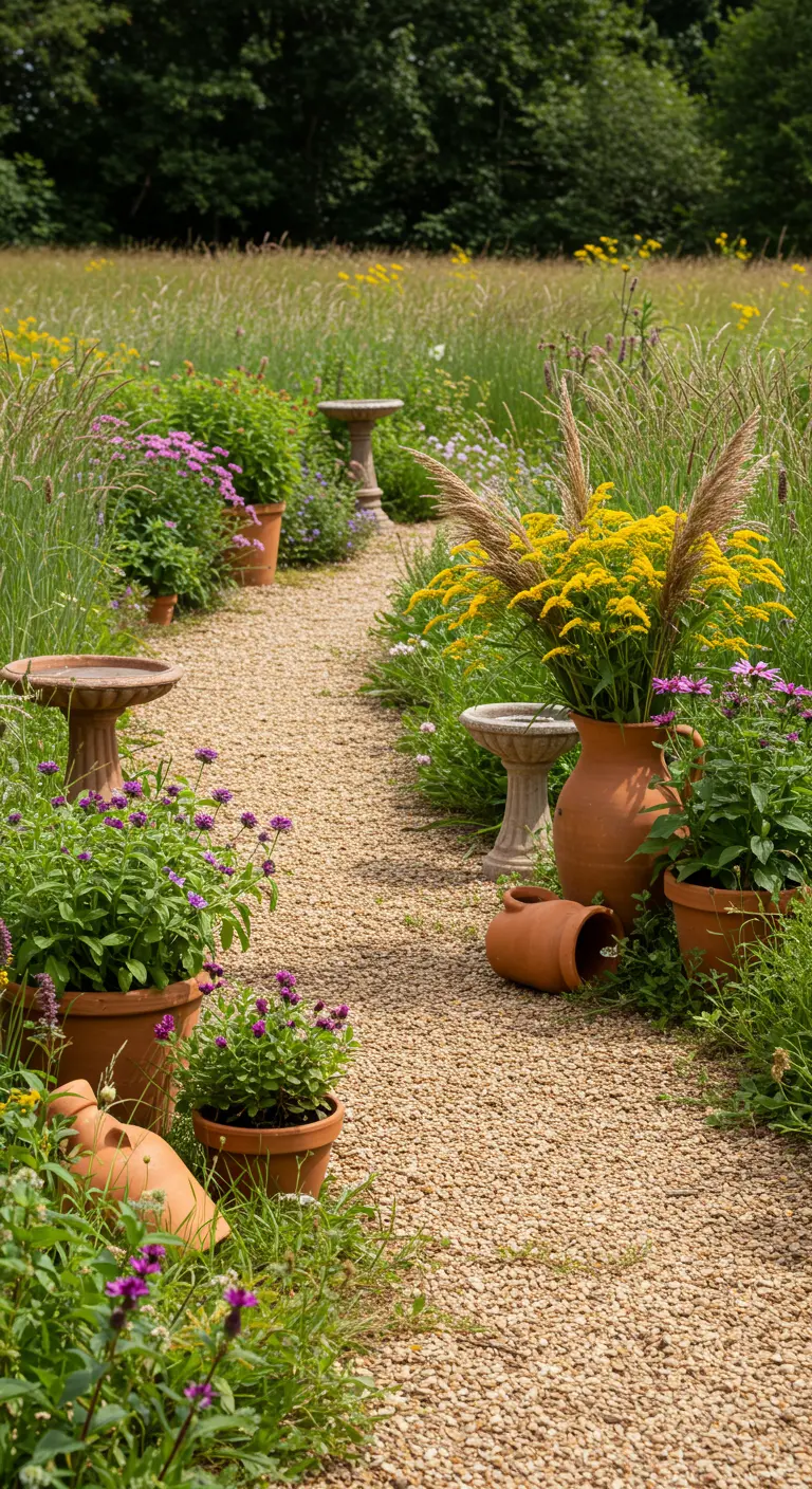 Chemin de gravier traversant une prairie fleurie avec des pots en terre cuite et des baignoires d'oiseaux.