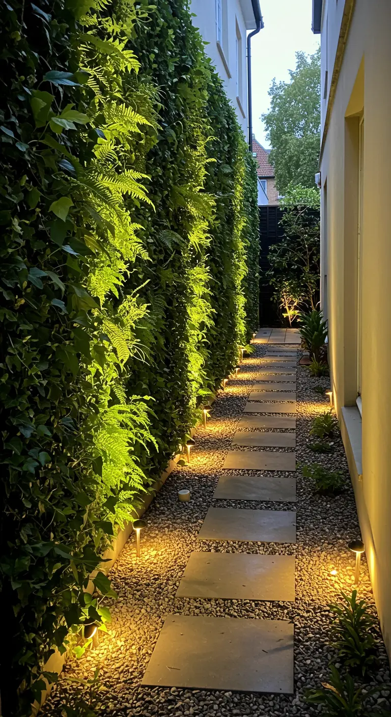 Chemin étroit en gravier le long d'un mur végétal d'ivy, éclairé par des spots de sol.