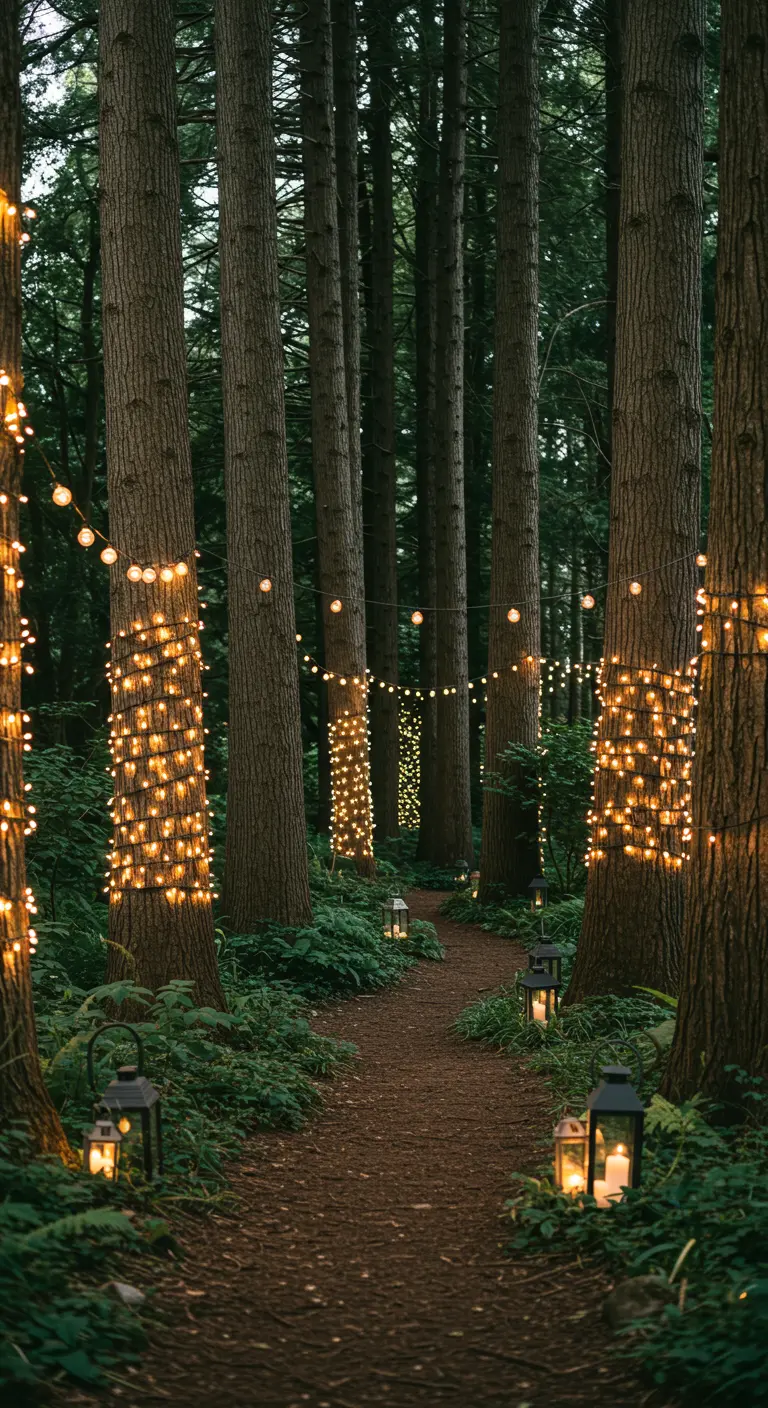 Chemin forestier éclairé par des guirlandes enroulées autour des arbres et des lanternes au sol.