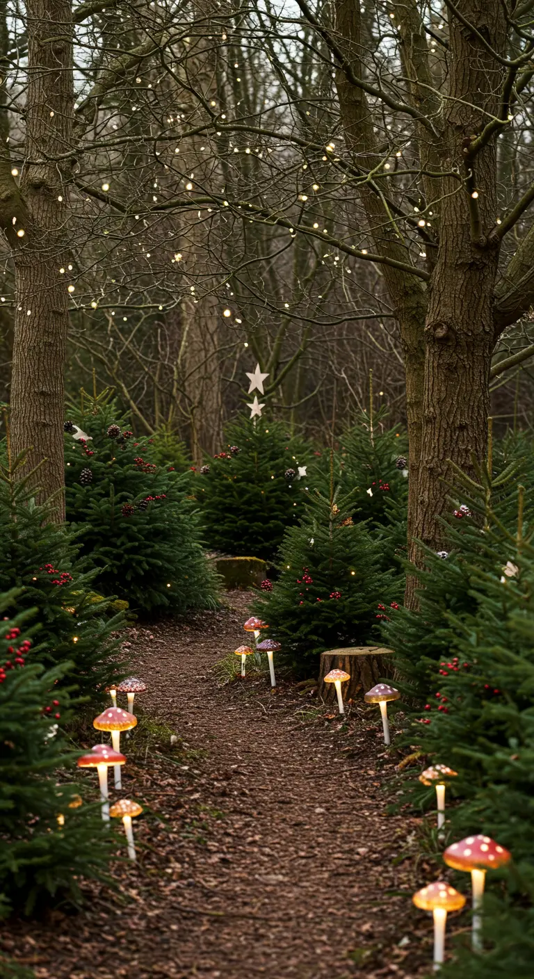 Chemin forestier décoré de sapins, baies rouges, champignons lumineux et guirlandes d'étoiles.