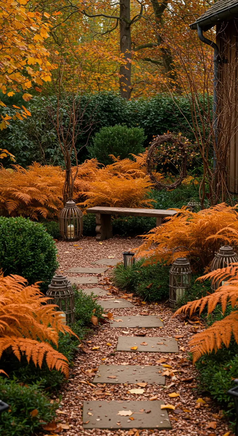 Chemin de jardin en automne avec fougères orange, lanternes et banc en bois.
