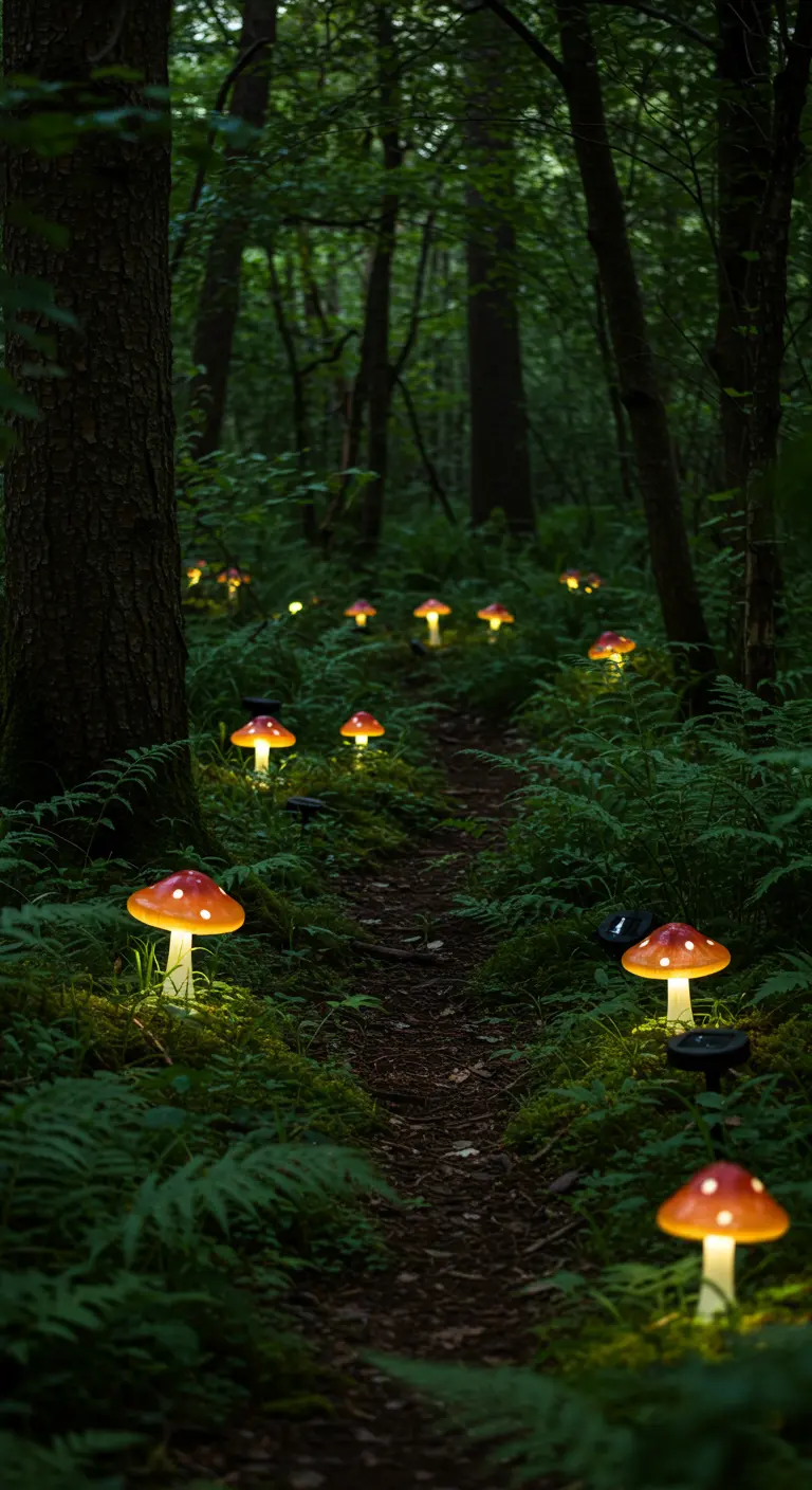 Chemin forestier ombragé éclairé par des lampes solaires décoratives en forme de champignons.