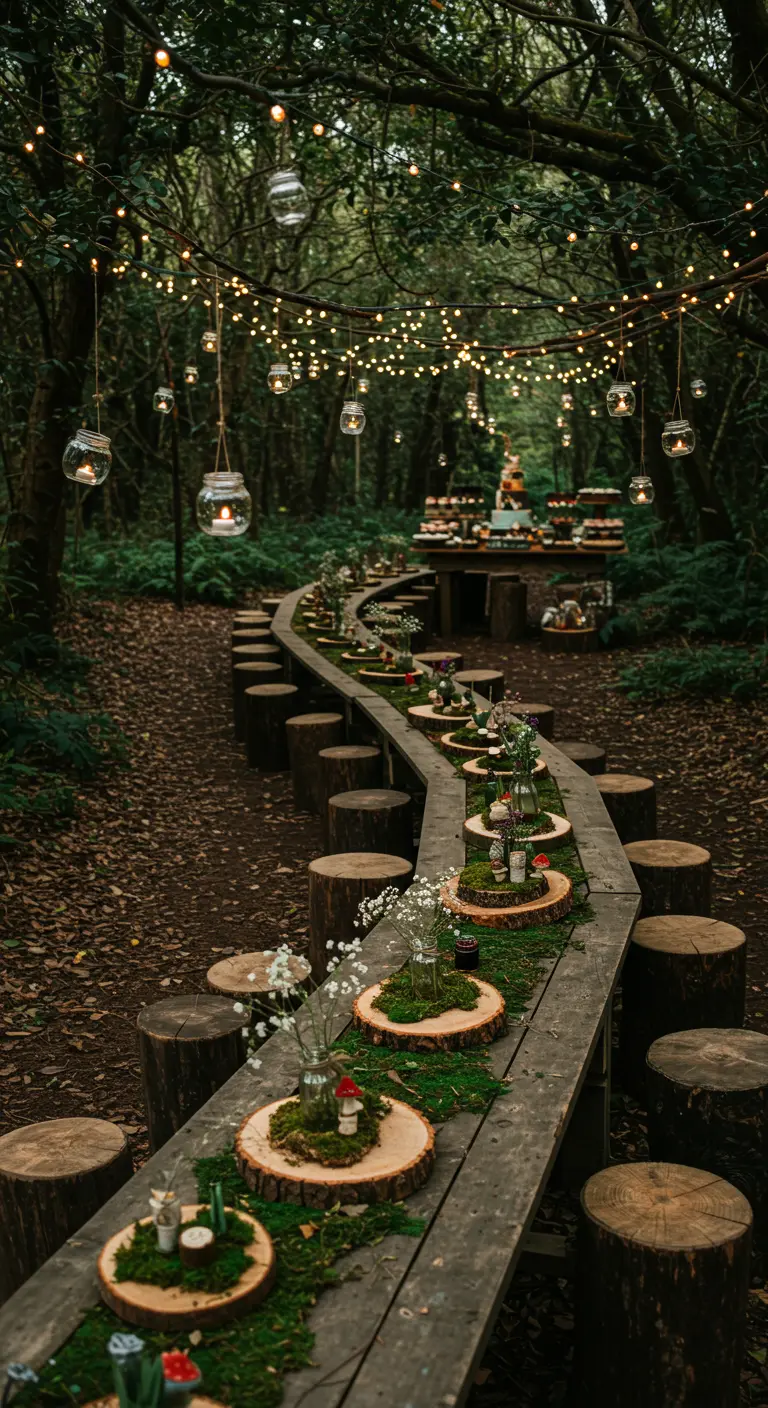 Longue table sinueuse en forêt, sièges en rondins de bois, bocaux lumineux suspendus et décor de mousse.