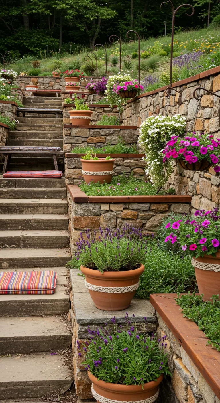 Escalier en pierre bordé de pots fleuris en terre cuite et de suspensions roses.