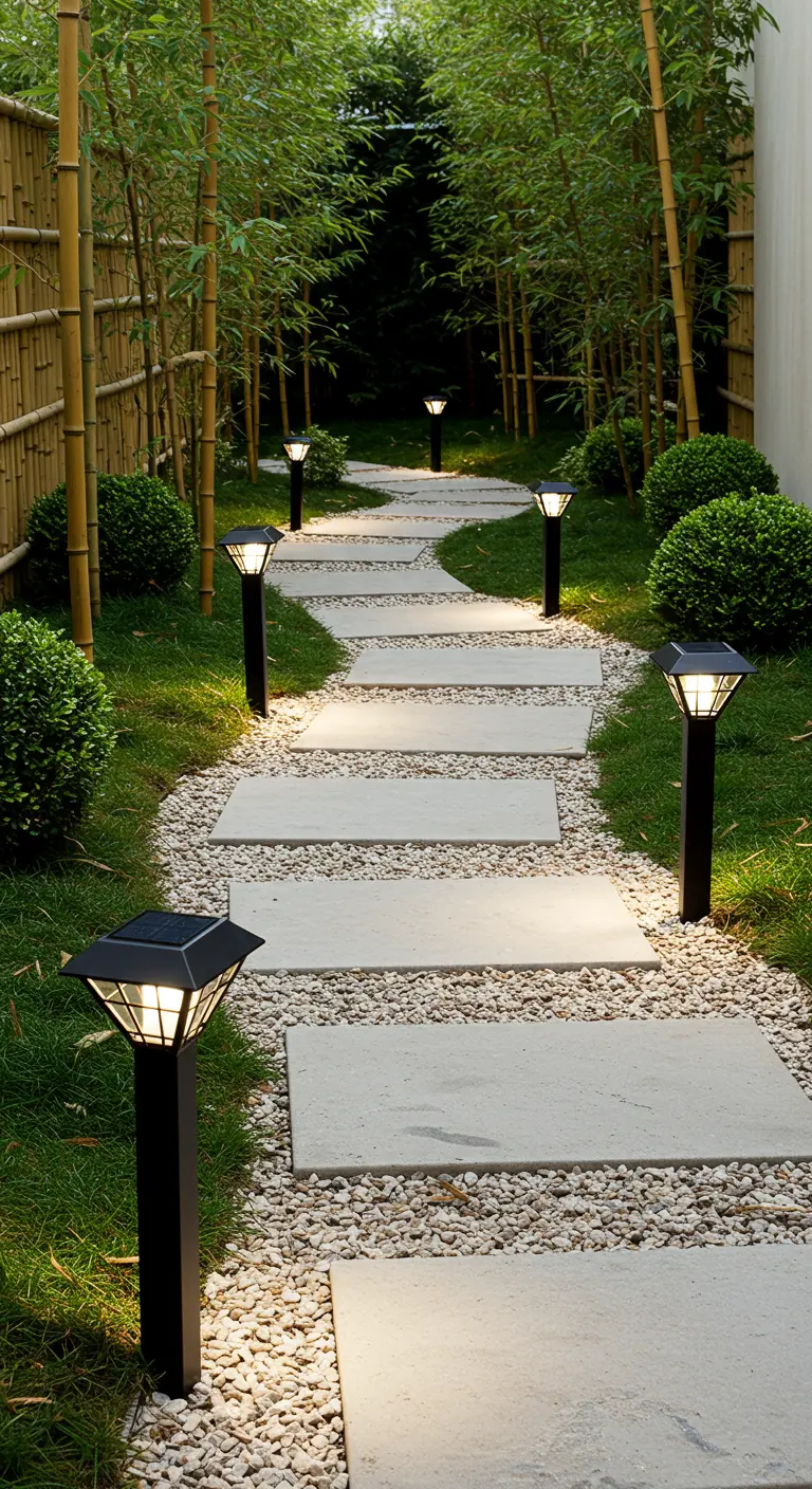 Chemin de jardin minimaliste éclairé par des bornes solaires modernes et bordé de bambous.