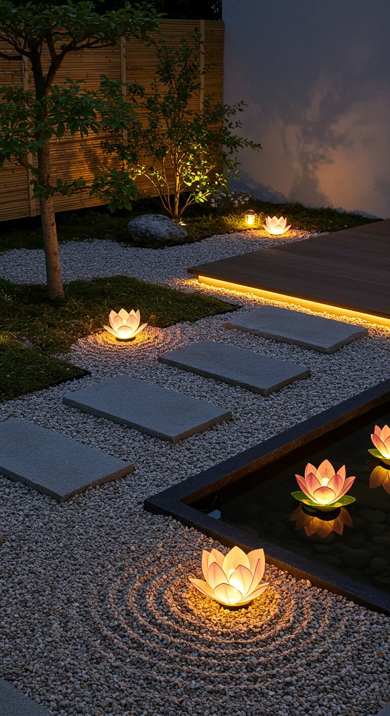 Jardin zen avec pierres de pas, plan d'eau et lanternes flottantes en forme de lotus.