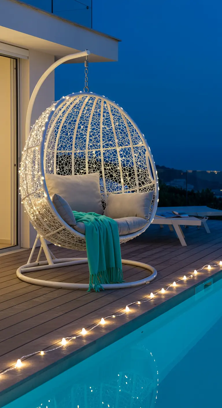 Fauteuil œuf lumineux blanc au bord d'une piscine, avec un plaid turquoise et des guirlandes.