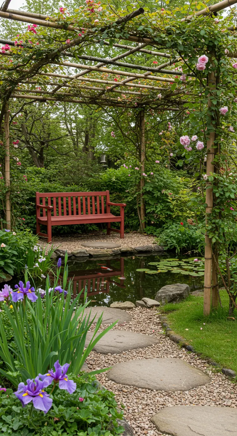 Pergola en bambou avec banc rouge près d'un bassin à poissons, entouré d'iris et de végétation.