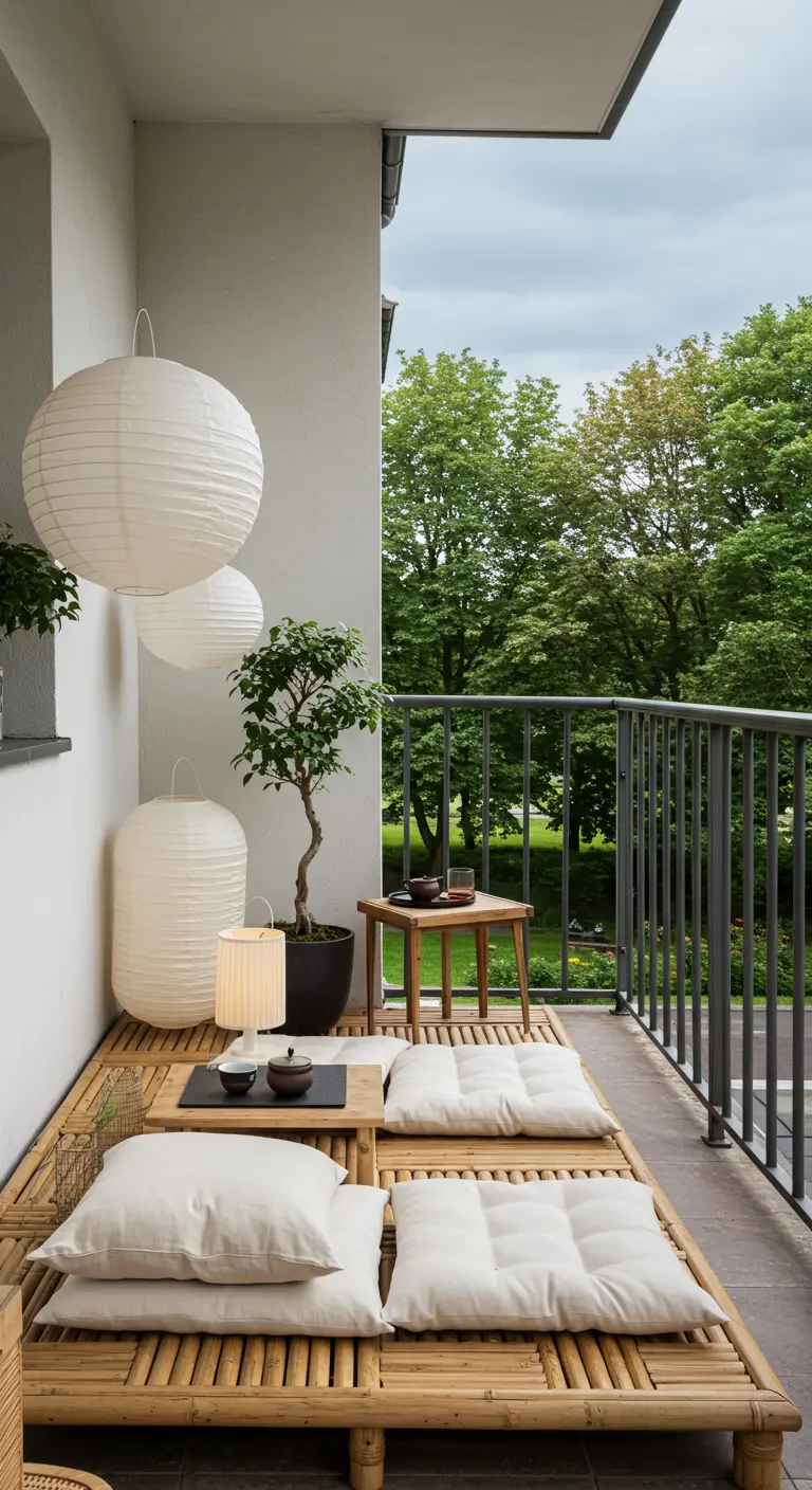 Balcon zen avec sol en bambou, banquette basse, lampions blancs et bonsaï.
