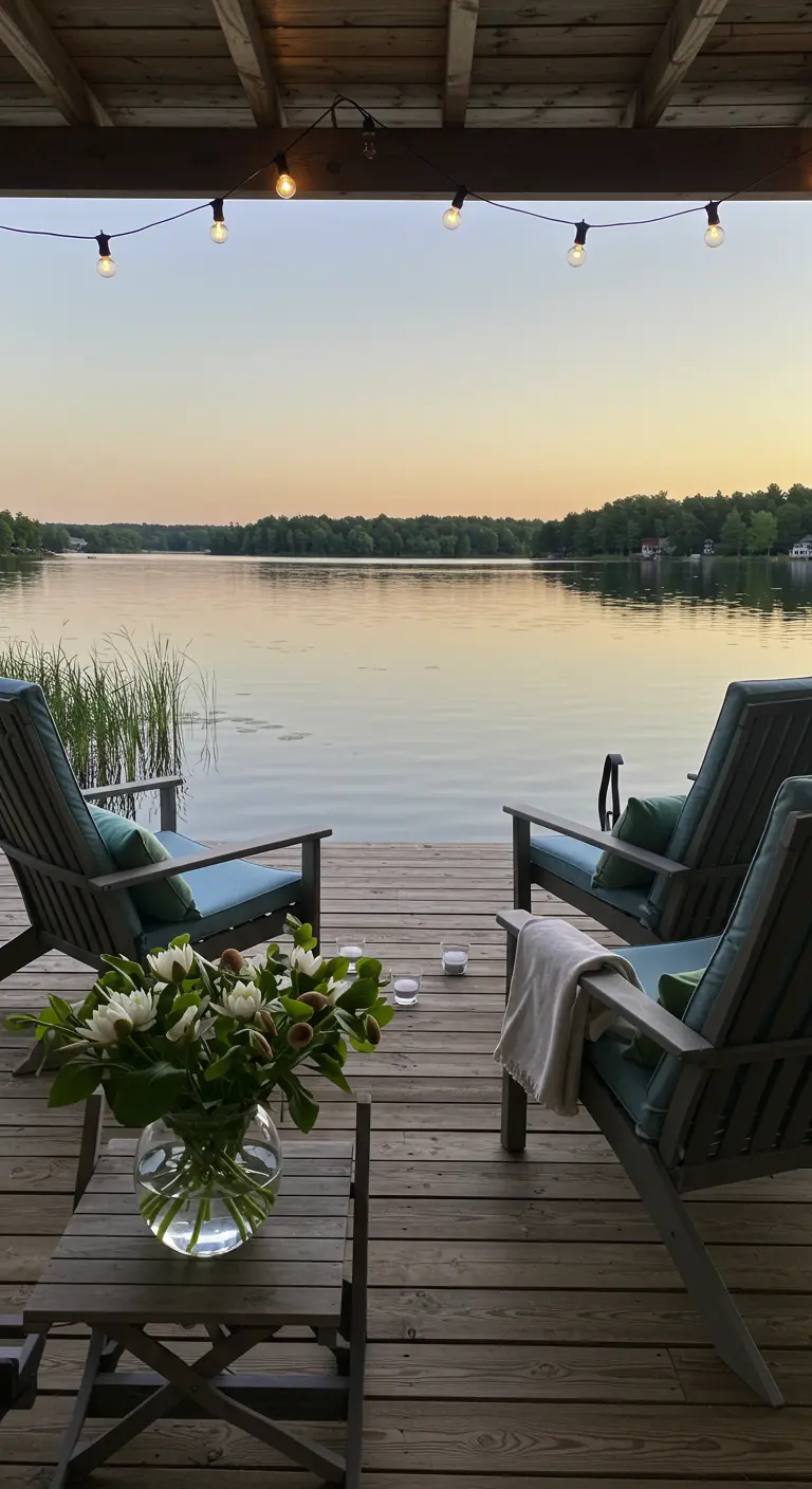 Ponton en bois au bord d'un lac au coucher du soleil, chaises longues et bouquet de nénuphars.