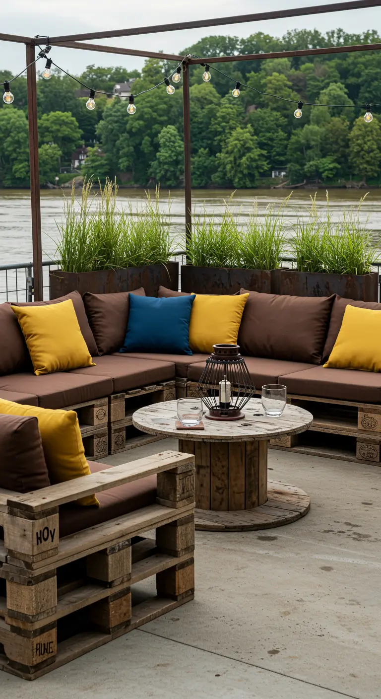 Salon de jardin palettes brutes, coussins marron/jaune/bleu, jardinières graminées, vue fleuve.