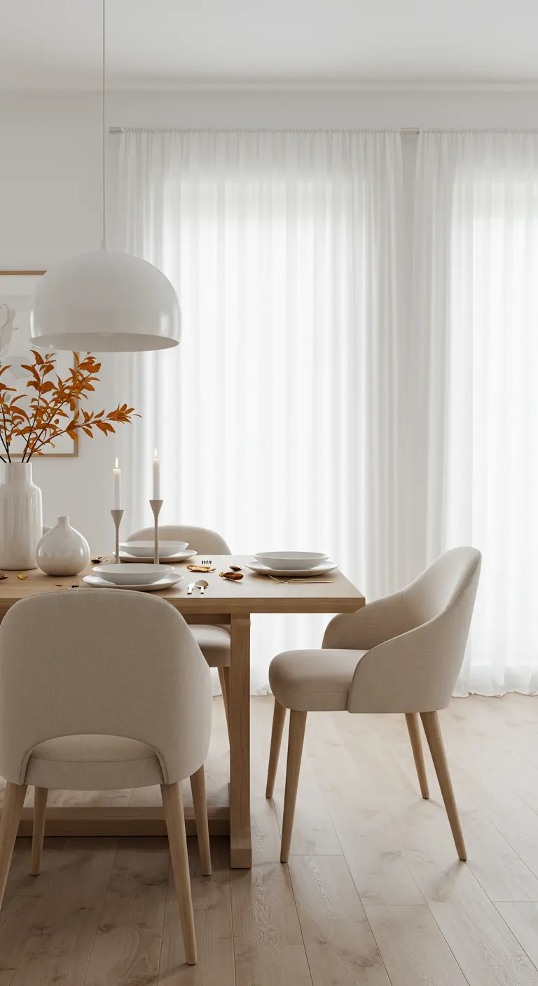 Table de salle à manger lumineuse et minimaliste avec un vase blanc et une branche aux feuilles orangées.