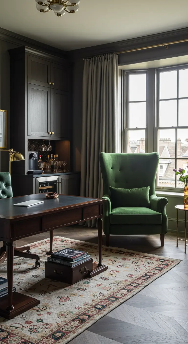 Bureau d'angle sombre avec fauteuil vert velours, meuble bar intégré et tapis persan.