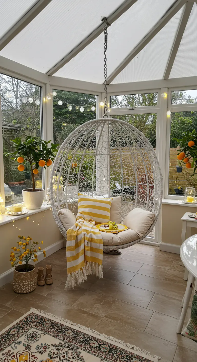 Fauteuil œuf blanc en véranda, plaid jaune, orangers en pots et guirlandes lumineuses.