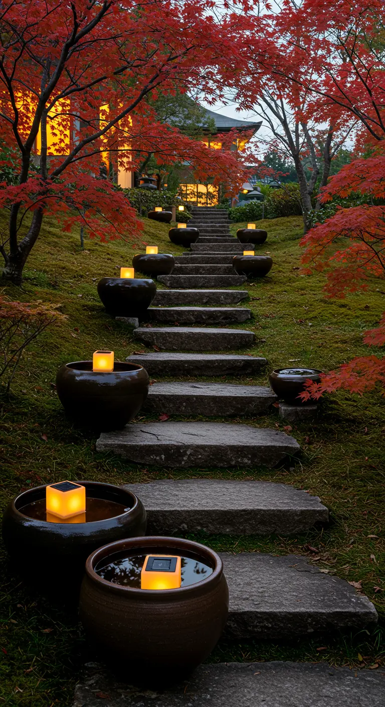 Jardin japonais avec escaliers en pierre, érables rouges, et lanternes solaires flottantes dans des pots.
