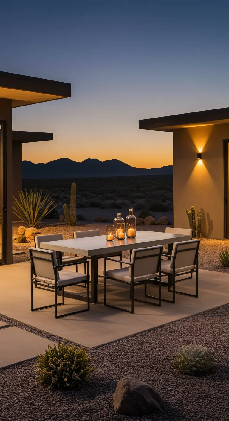 Table rectangulaire en béton avec chaises en acier dans un paysage désertique au coucher du soleil.