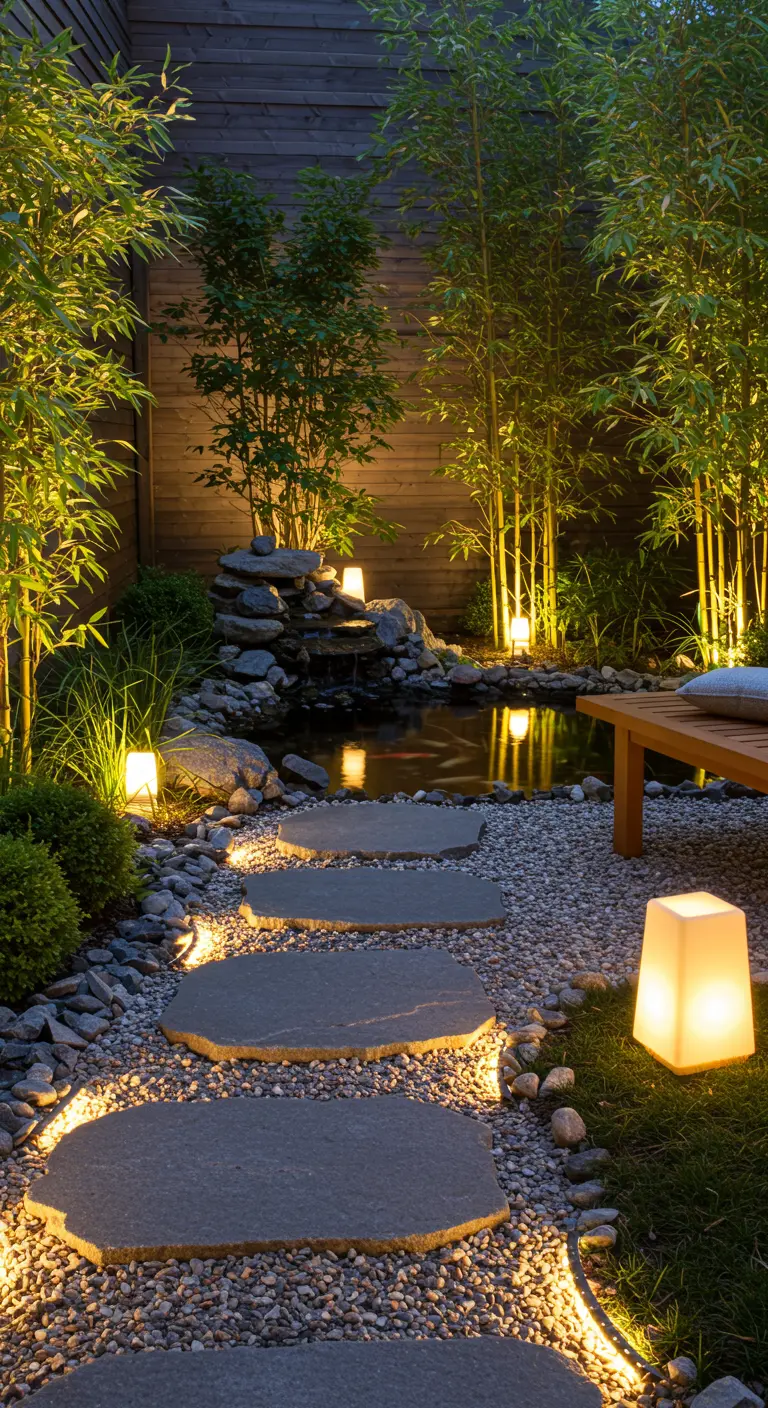 Jardin zen avec chemin de pas japonais éclairé par LED, bambous et plan d'eau avec cascade.