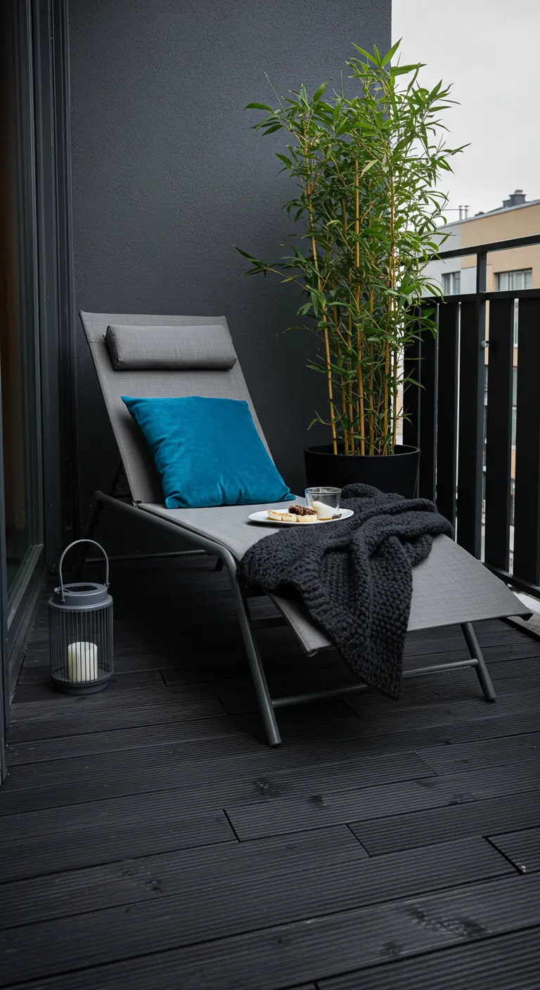 Balcon moderne avec chaise longue grise, coussin bleu, grand bambou en pot et lanterne simple.