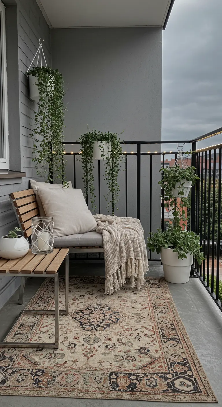 Balcon gris avec banquette, plaid, tapis à motifs clairs et plantes suspendues