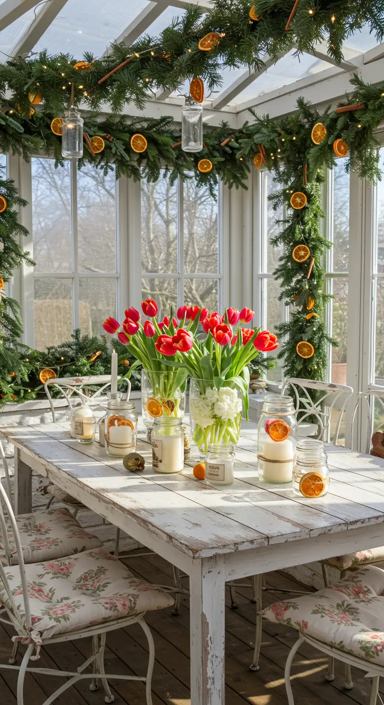 Véranda avec longue table, tulipes rouges, bougies et guirlandes d'oranges séchées.