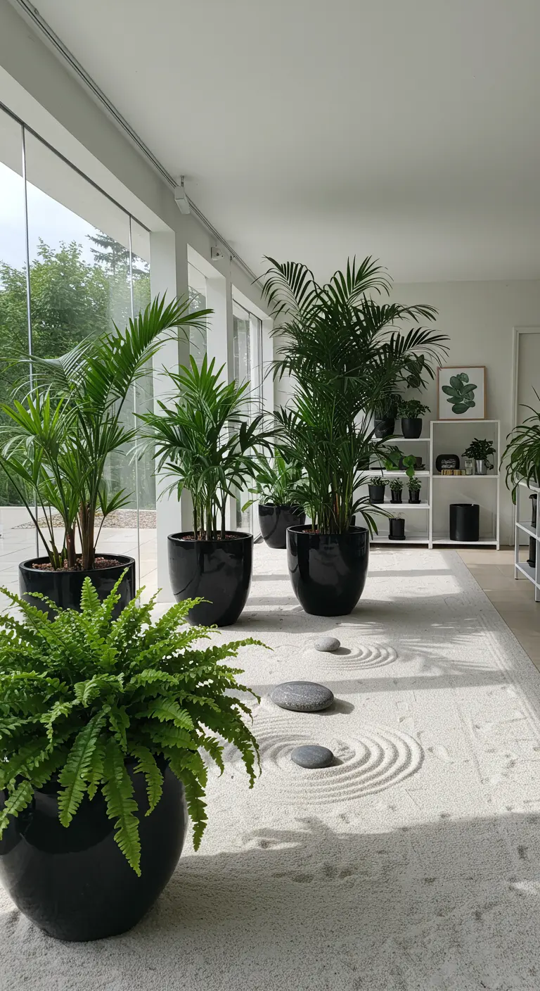 Jardin zen intérieur avec sable ratissé, palmiers en pots noirs brillants, fougères et galets.