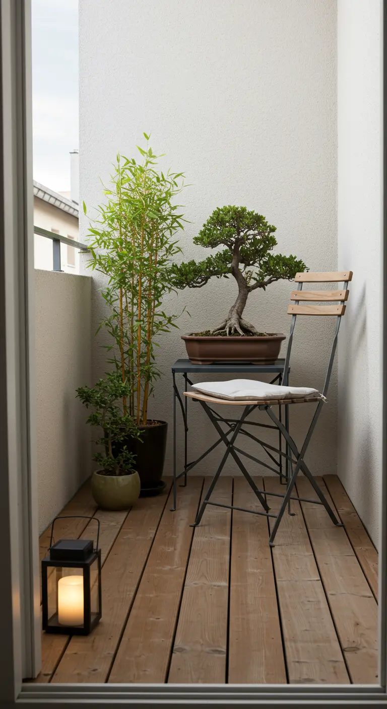 Balcon minimaliste avec bonsaï, bambou en pot, chaise pliante, petite table et lanterne au sol.