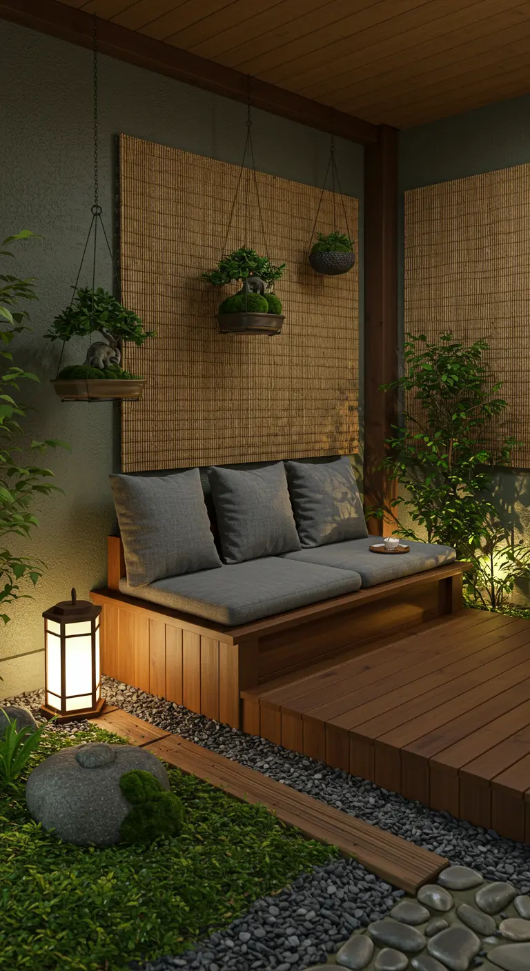 Patio zen japonais avec banquette en bois, stores bambou, bonsaïs suspendus, lanterne et chemin de galets.