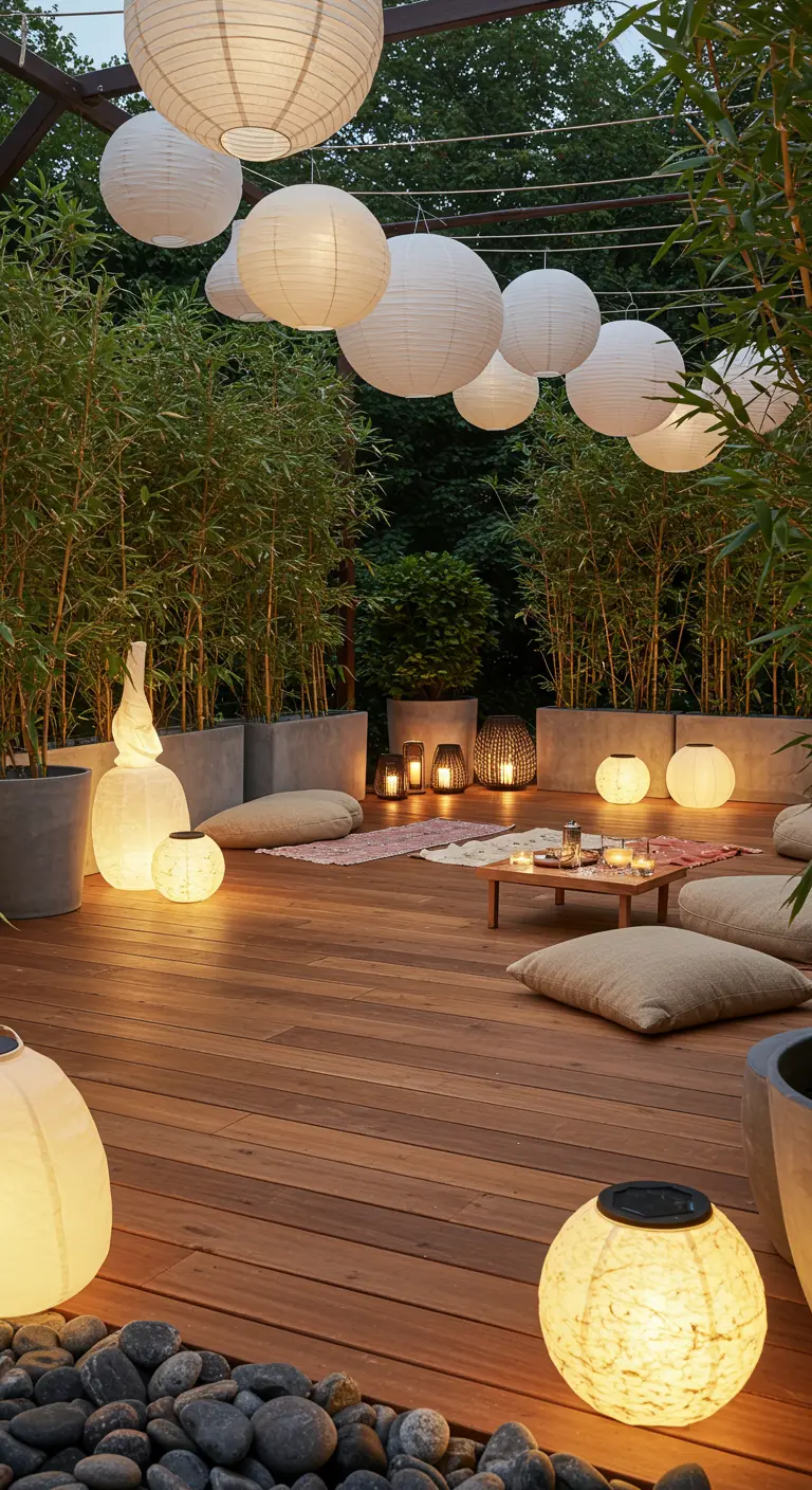 Terrasse zen avec lampions blancs, bambous en jardinières et lanternes sphériques au sol.